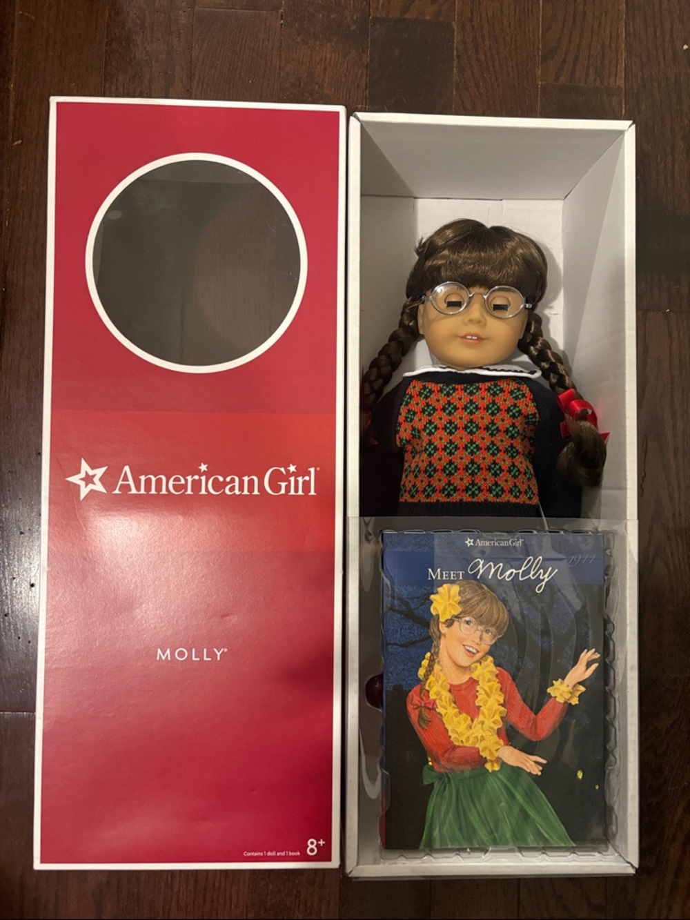American Girl Molly Doll with Red Box and Green/Red Outfit